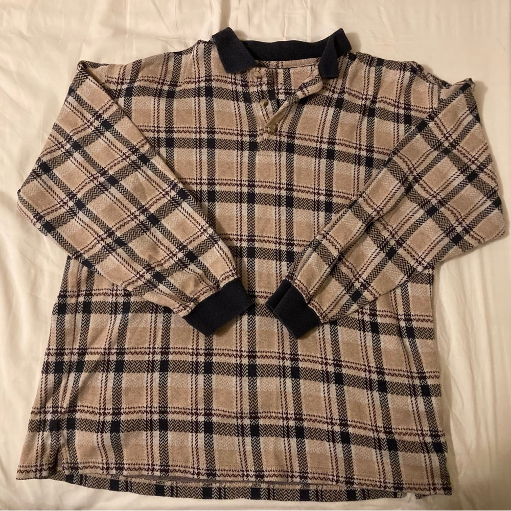 Plaid black and tan polo shirt